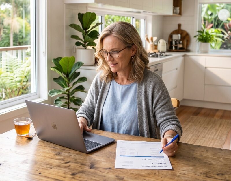 Middle aged woman checking her superannuation TPD insurance cover and TPD claim Queensland on a laptop at home