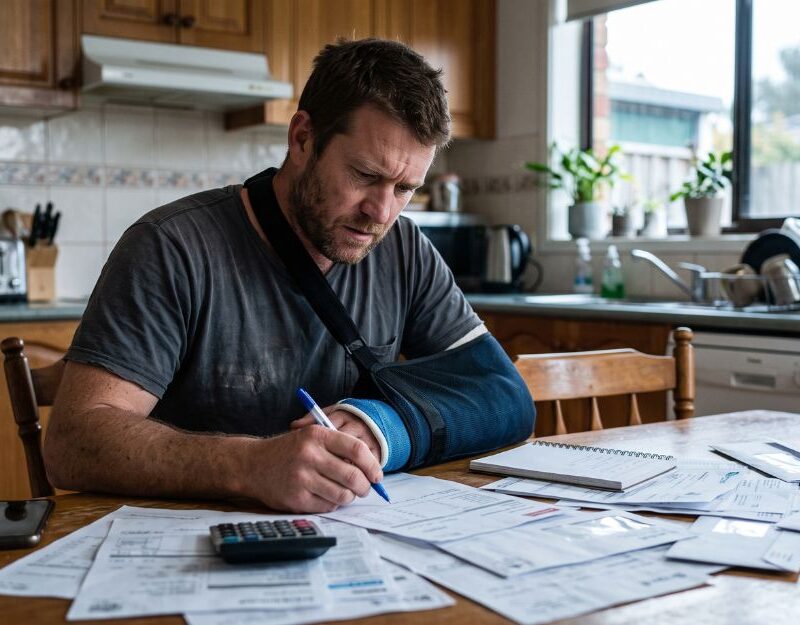 Injured worker in a cast reviewing bills and payslips at home, illustrating how WorkCover weekly payments are calculated in Queensland